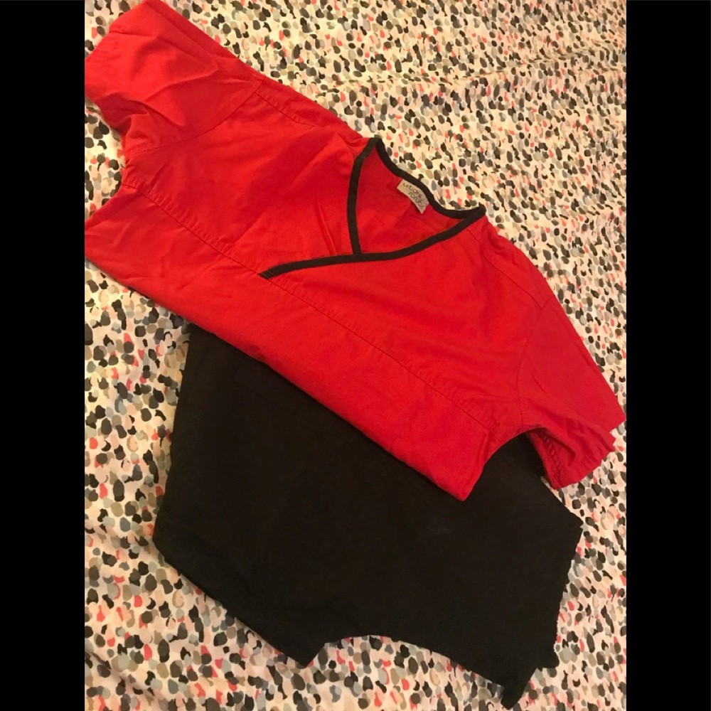 Scrub pair. Red top, black bottoms